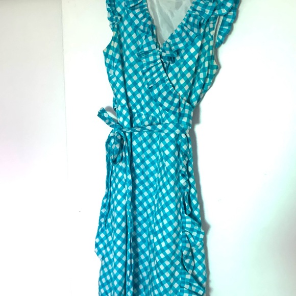 Kate Spade Silk Blue Gingham/Plaid Ruffle Wrap Dress Sz 8 - Picture 3 of 5